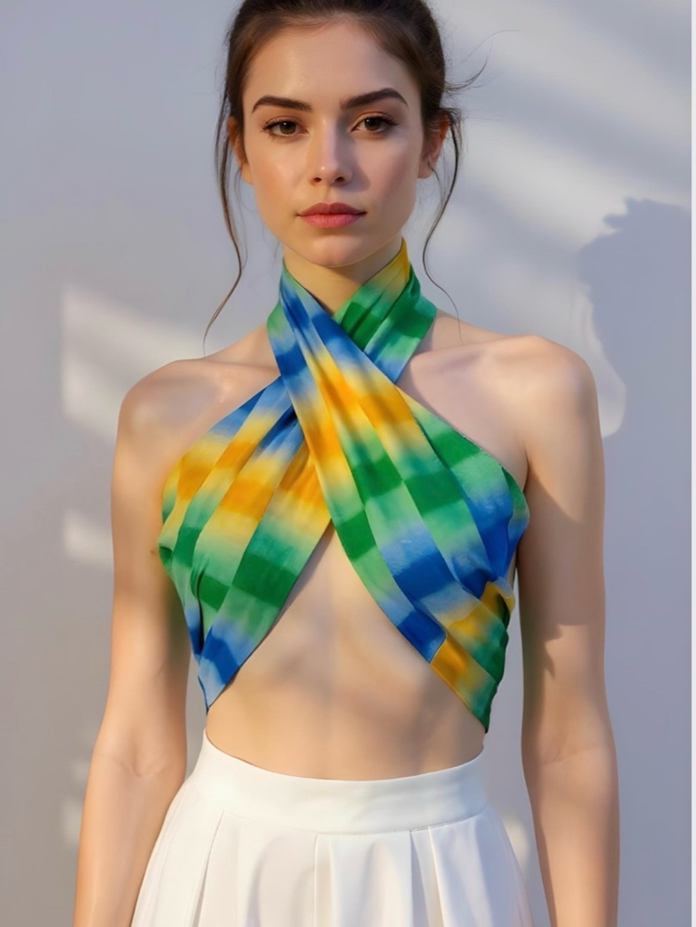 Colorblock Cross-Halter Tie Top in Green, Blue & Yellow